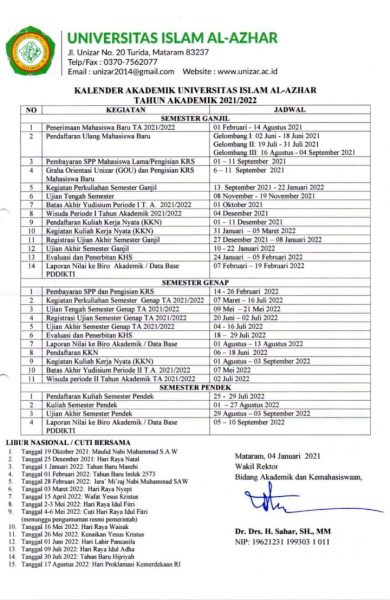 Kalender Akademik – Fakultas Hukum Universitas Islam Al-Azhar